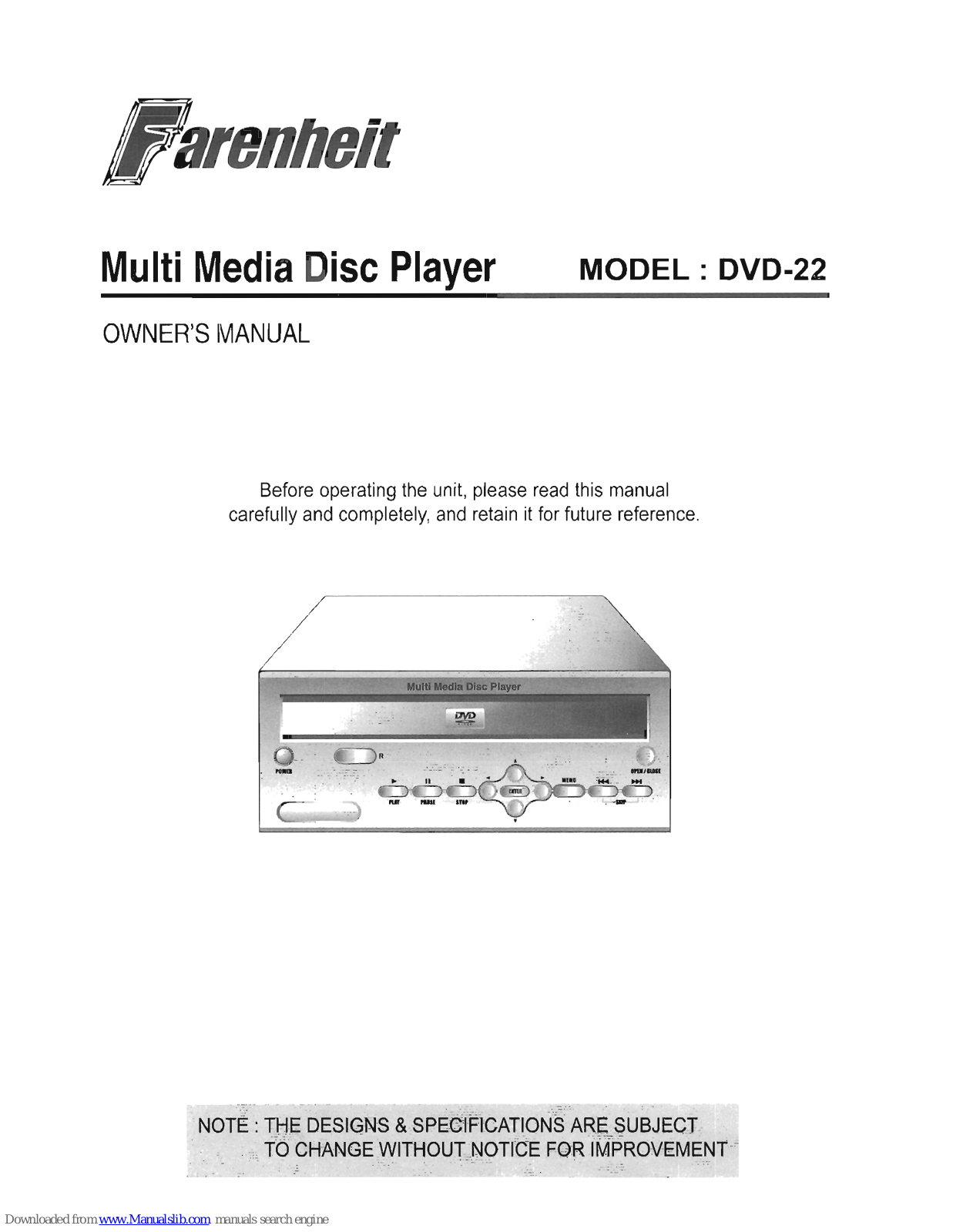 Farenheit DVD-22 Owner's Manual