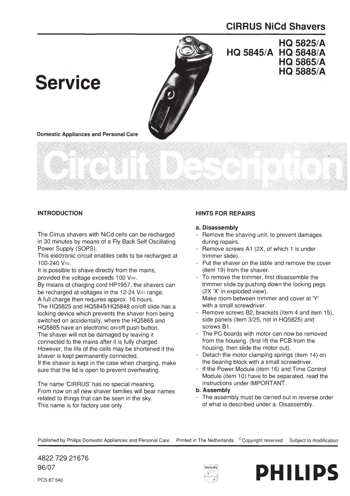 Philips HQ 5885-A, HQ 5848-A, HQ 5865-A, HQ 5825-A, HQ 5845-A Service Manual