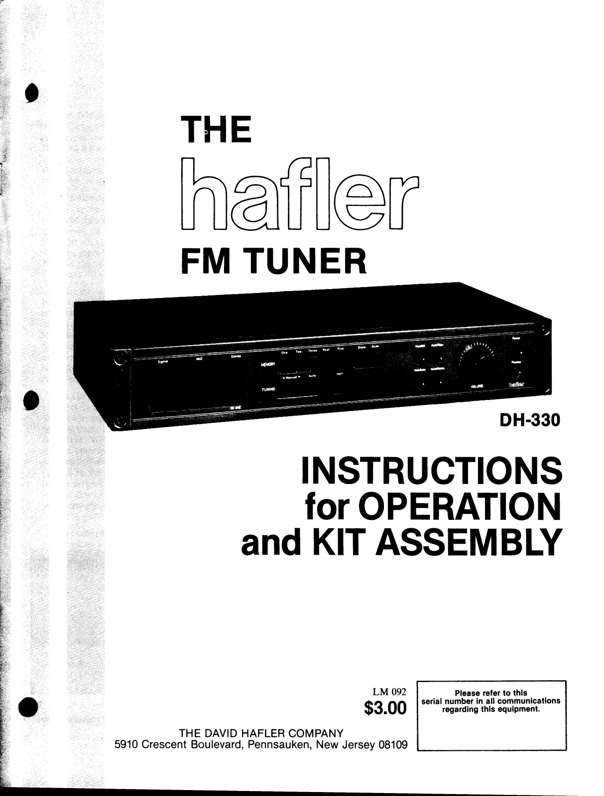 Hafler DH-330, DH-330 Kit Service manual