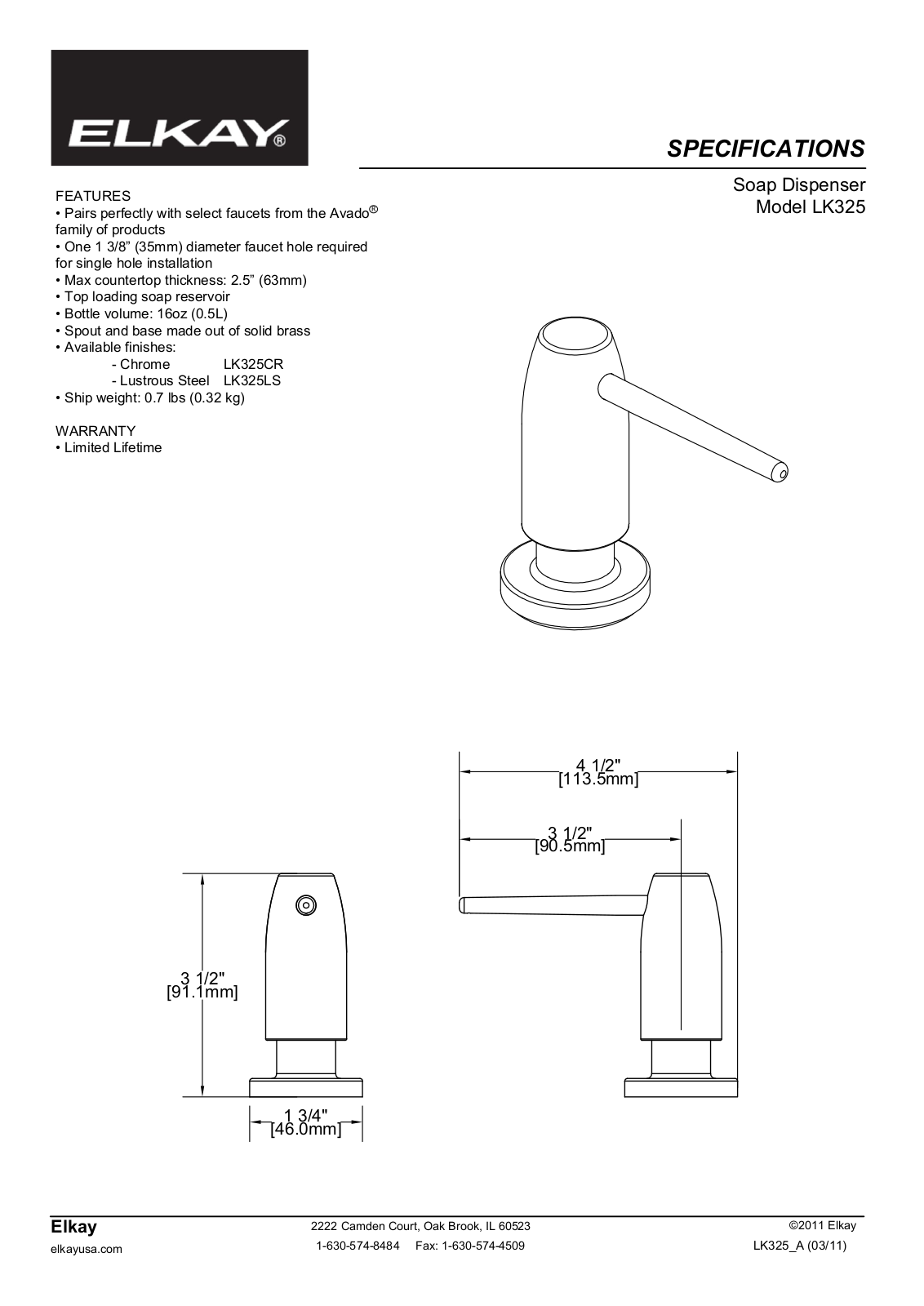 Elkay LK325CR Specs