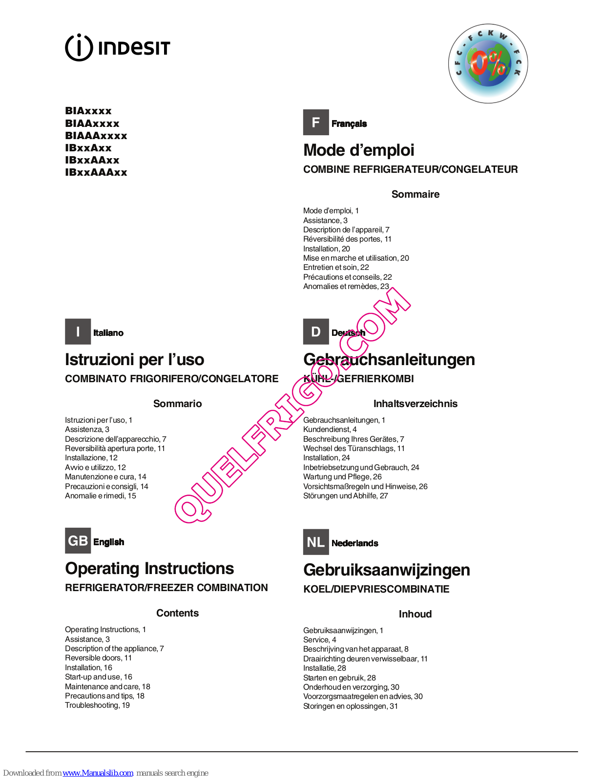 Indesit BIA Series, BIAA Series, BIAAA Series, IBxxAAA Series, IBxxA Series Operating Instructions Manual