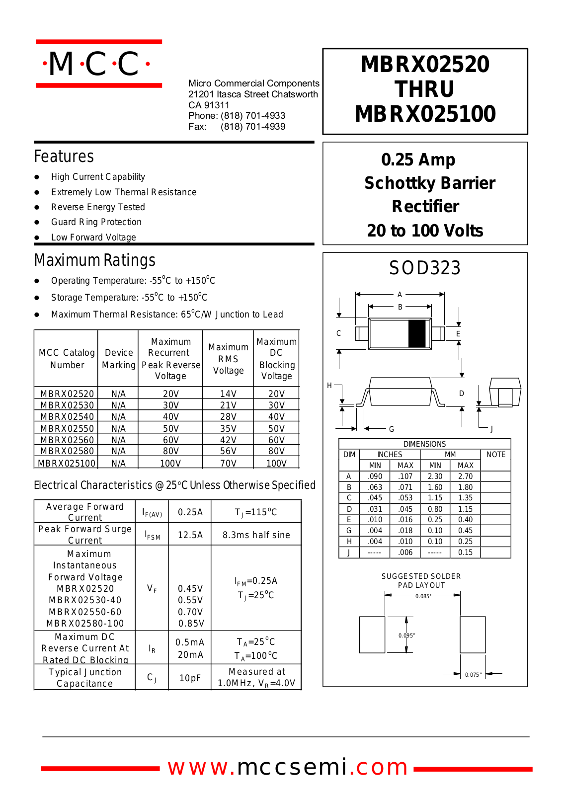 MCC MBRX02560, MBRX02530, MBRX02520, MBRX025100, MBRX02580 Datasheet