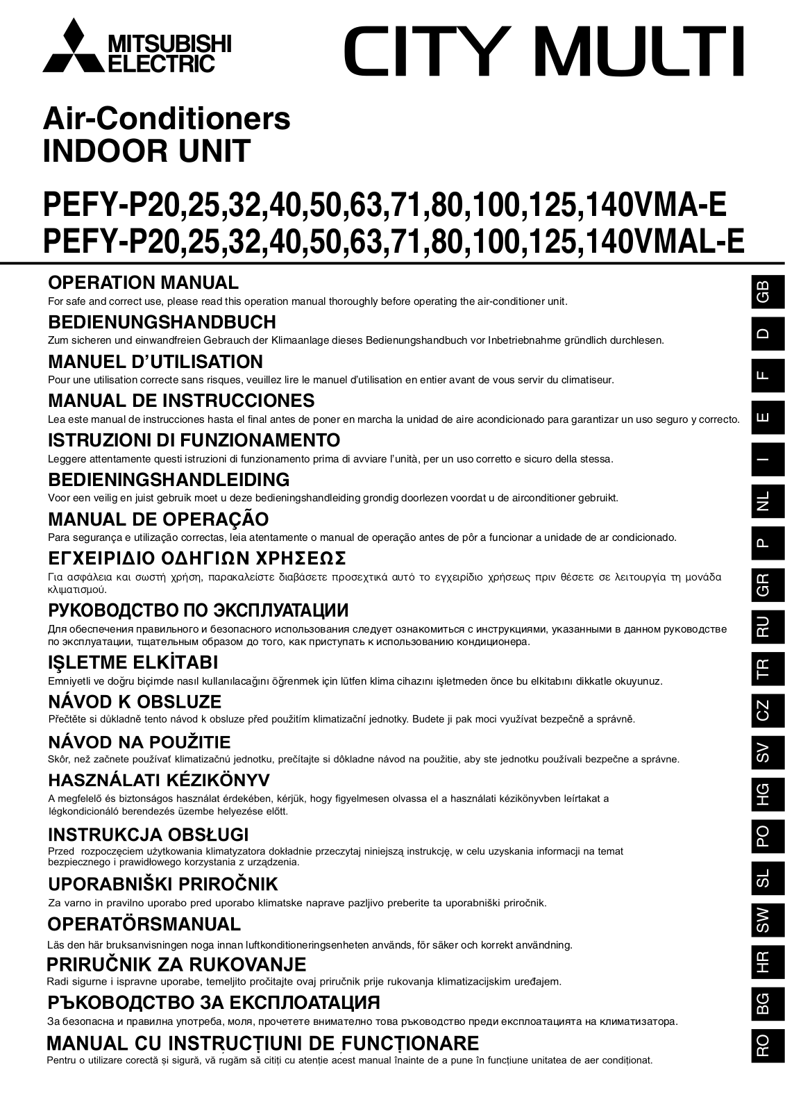 Mitsubishi electric PEFY-P80VMAL-E User Manual