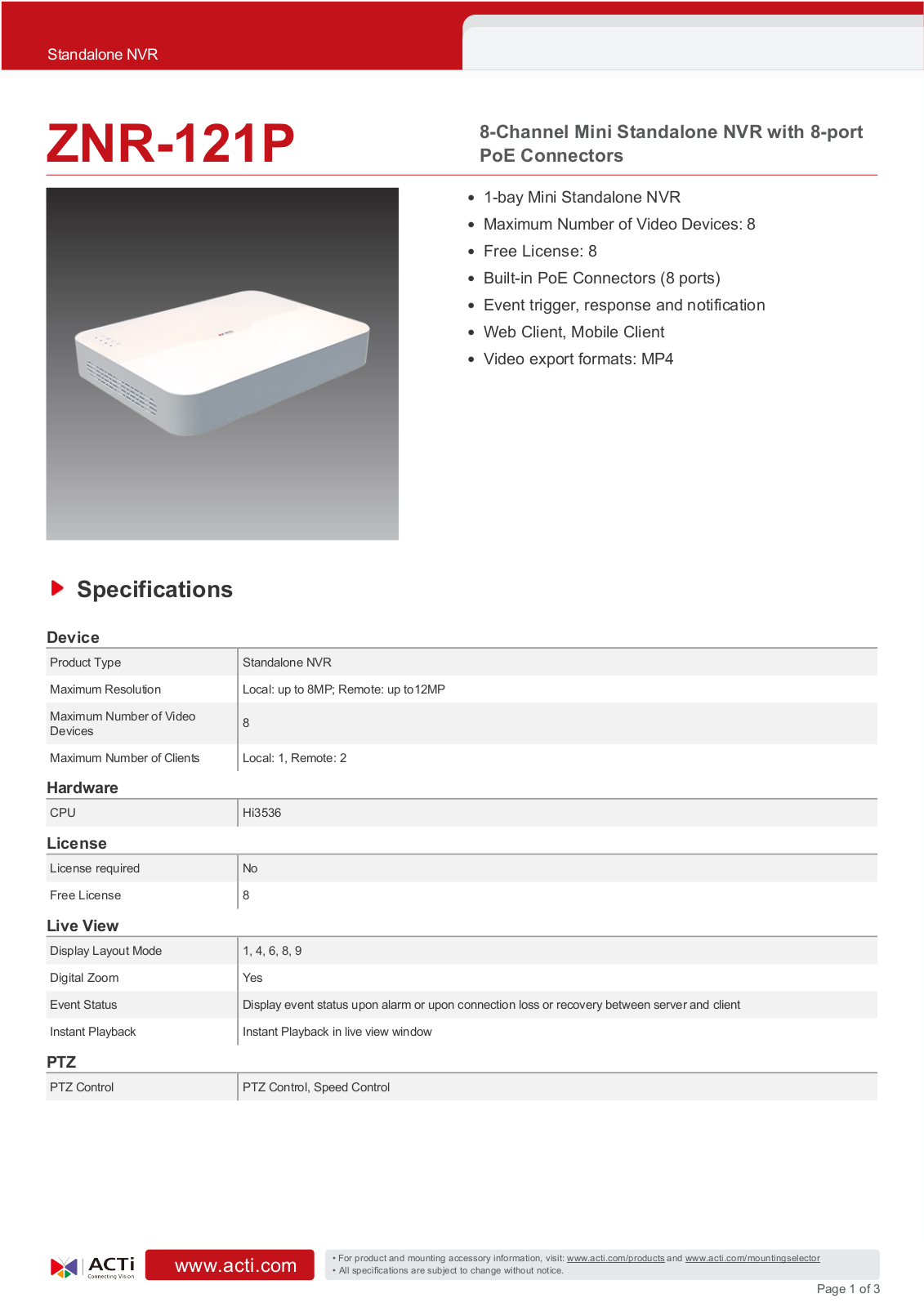 ACTi EKI-K164T412, ZNR-121P Specsheet