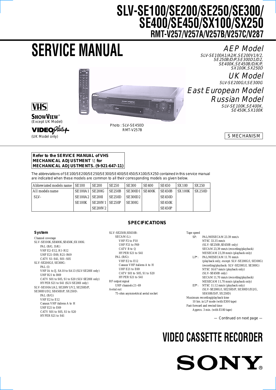 Sony SLV-SE100A1, SLV-SE100A2, SLV-SE100K, SLV-SE200G, SLV-SE200I Service Manual