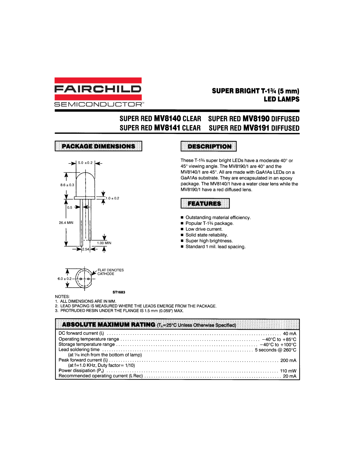 Fairchild Semiconductor MV8191, MV8141, MV8140, MV8190 Datasheet