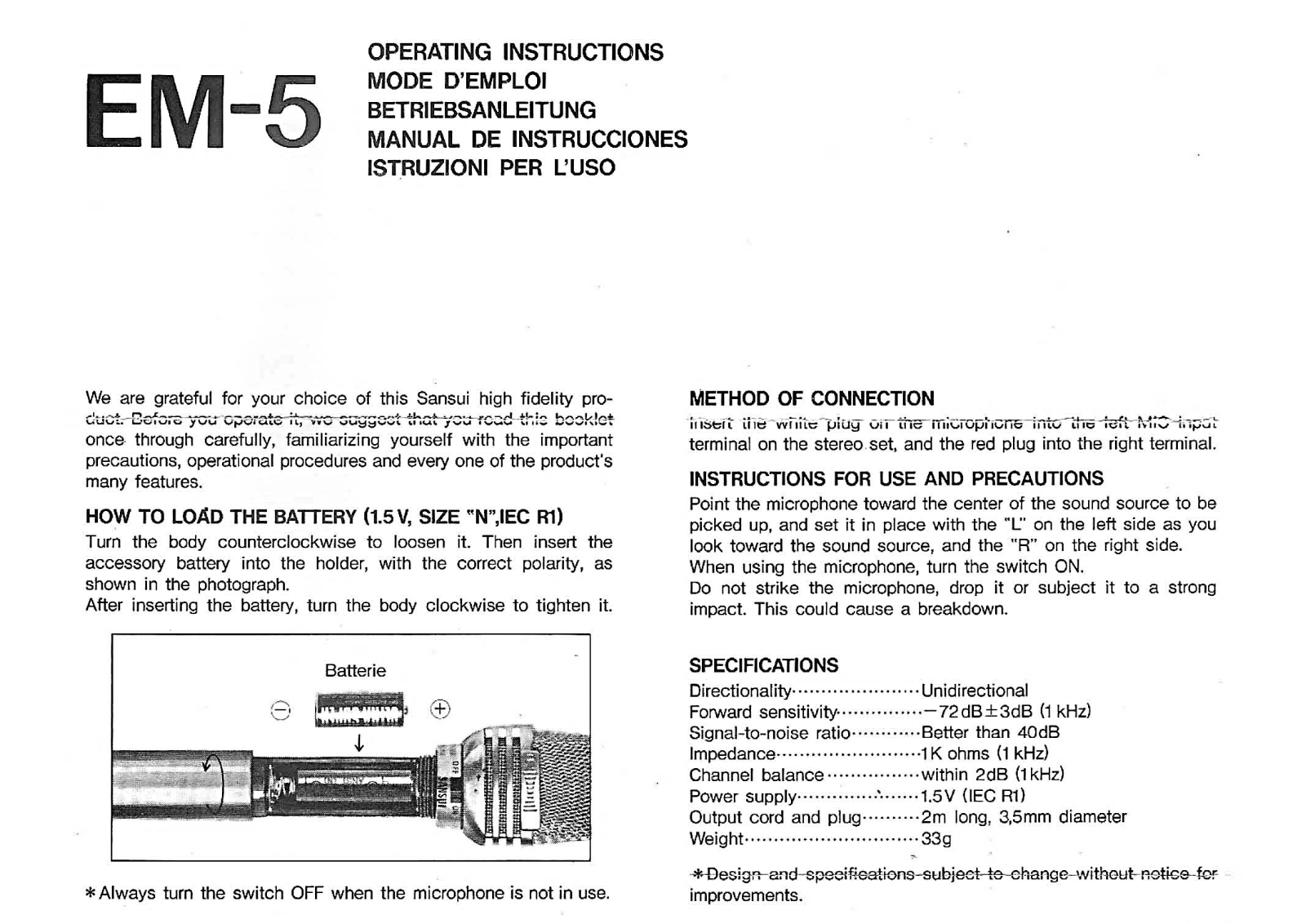 Sansui EM-5 Owners Manual