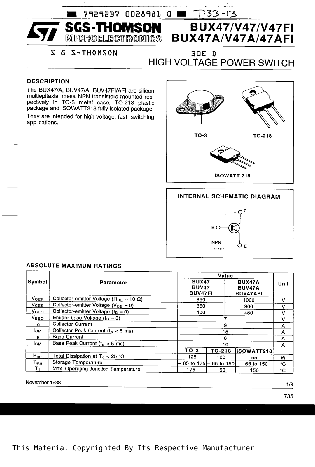 SGS Thomson Microelectronics BUV47A, BUX47 Datasheet