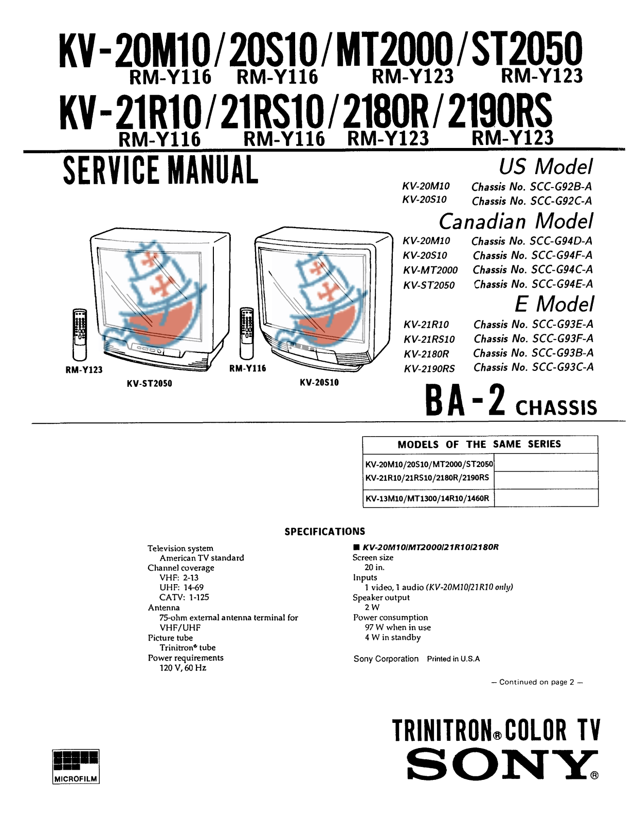 SONY KV-20s10, KV-2180r, KV-2190rs, KV- mt2000, KV- st2050 Service Manual