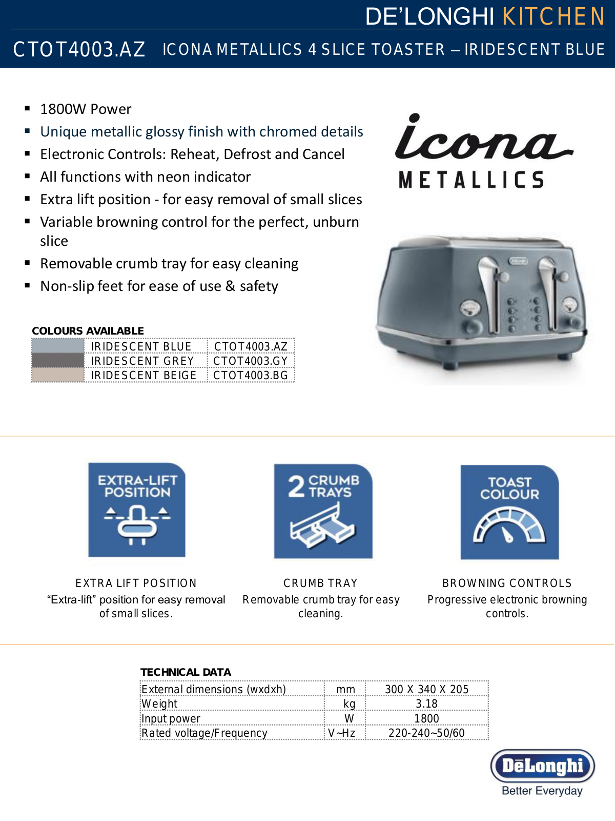 Delonghi CTOT4003AZ Specifications Sheet