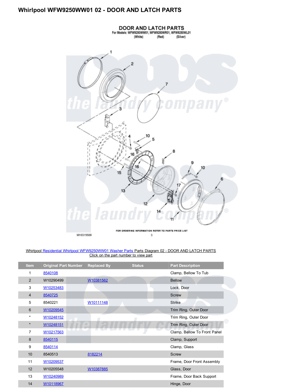 Whirlpool WFW9250WW01 Parts Diagram