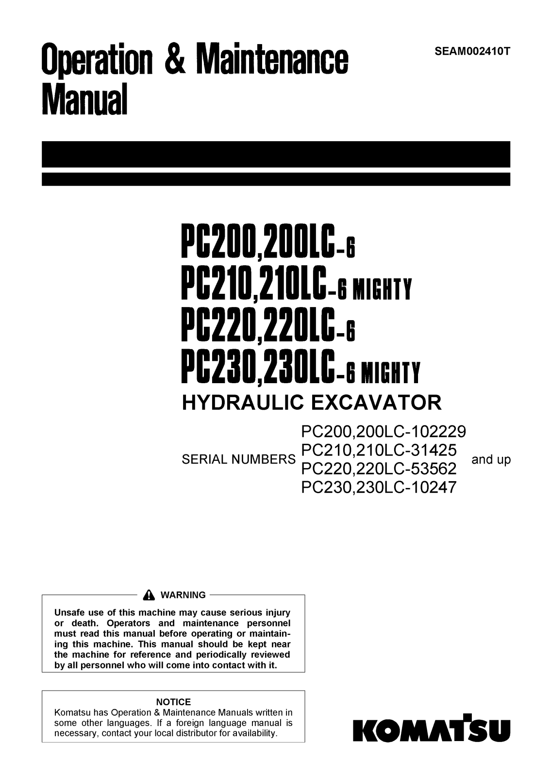 Komatsu PC200, 200LC-6, PC210, 210LC-6, pc220 Service Manual