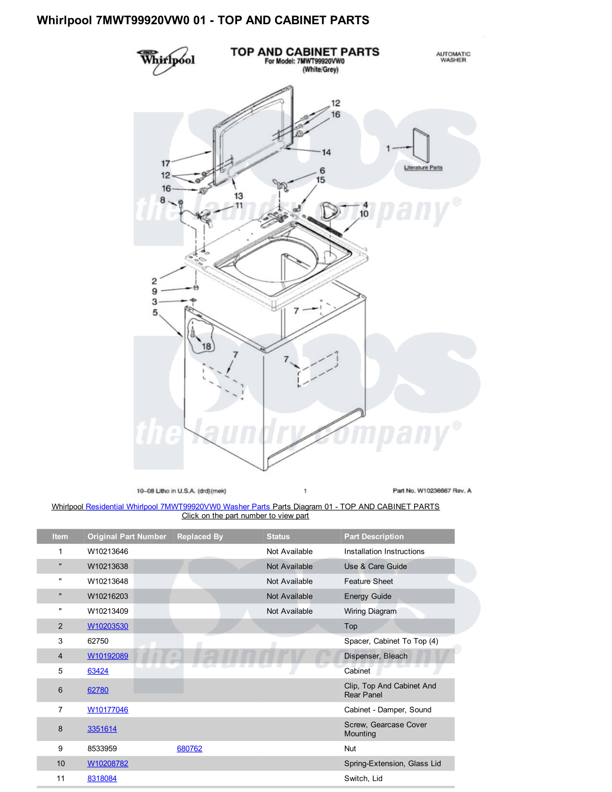 Whirlpool 7MWT99920VW0 Parts Diagram