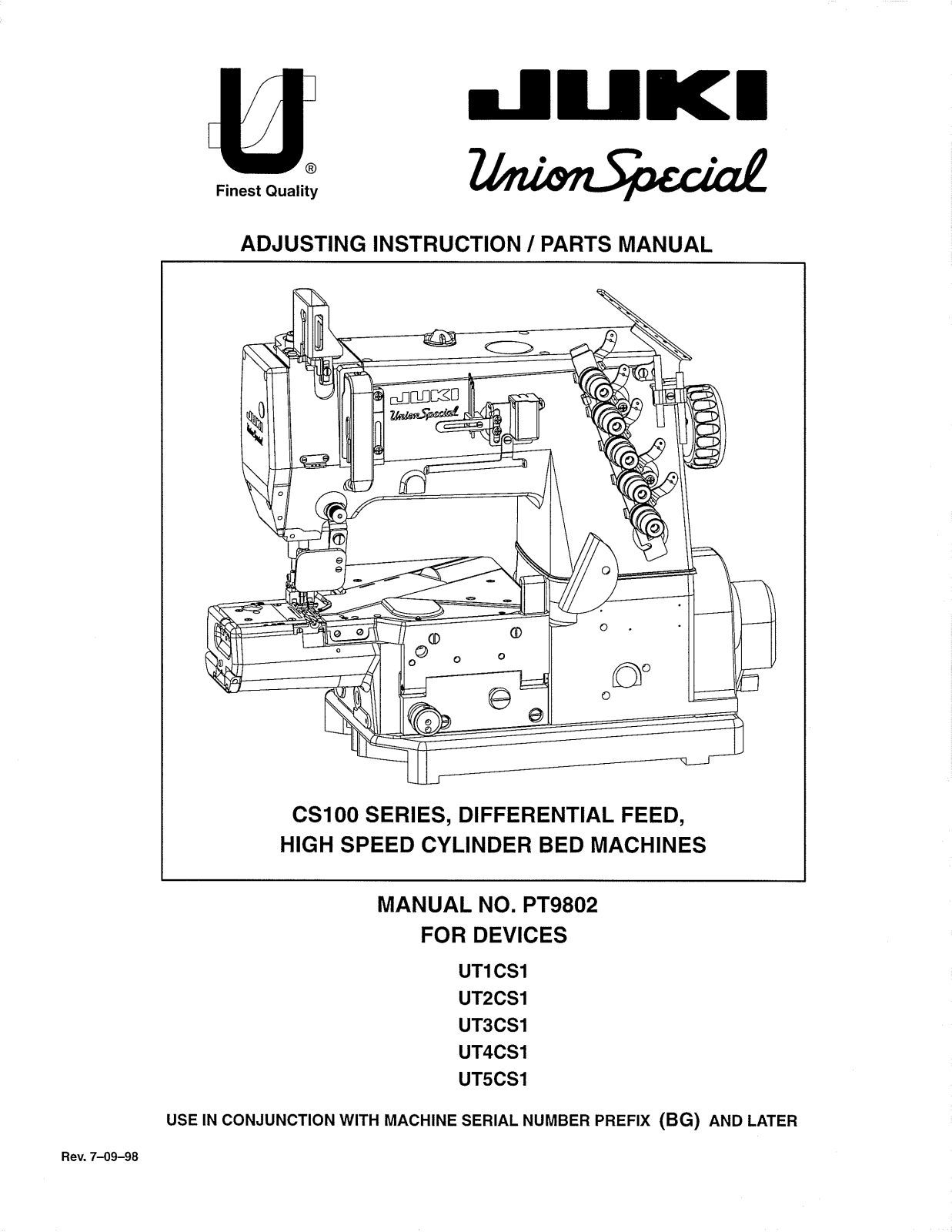 Union Special UT1CS1, UT2CS1, UT3CS1, UT4CS1, UT5CS1 Parts List