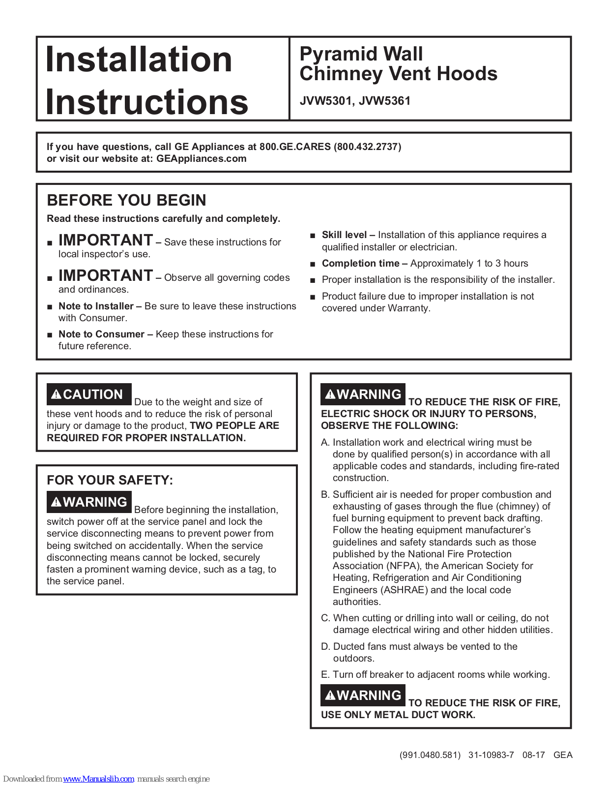 GE JVW5301, JVW5361 Installation Instructions Manual