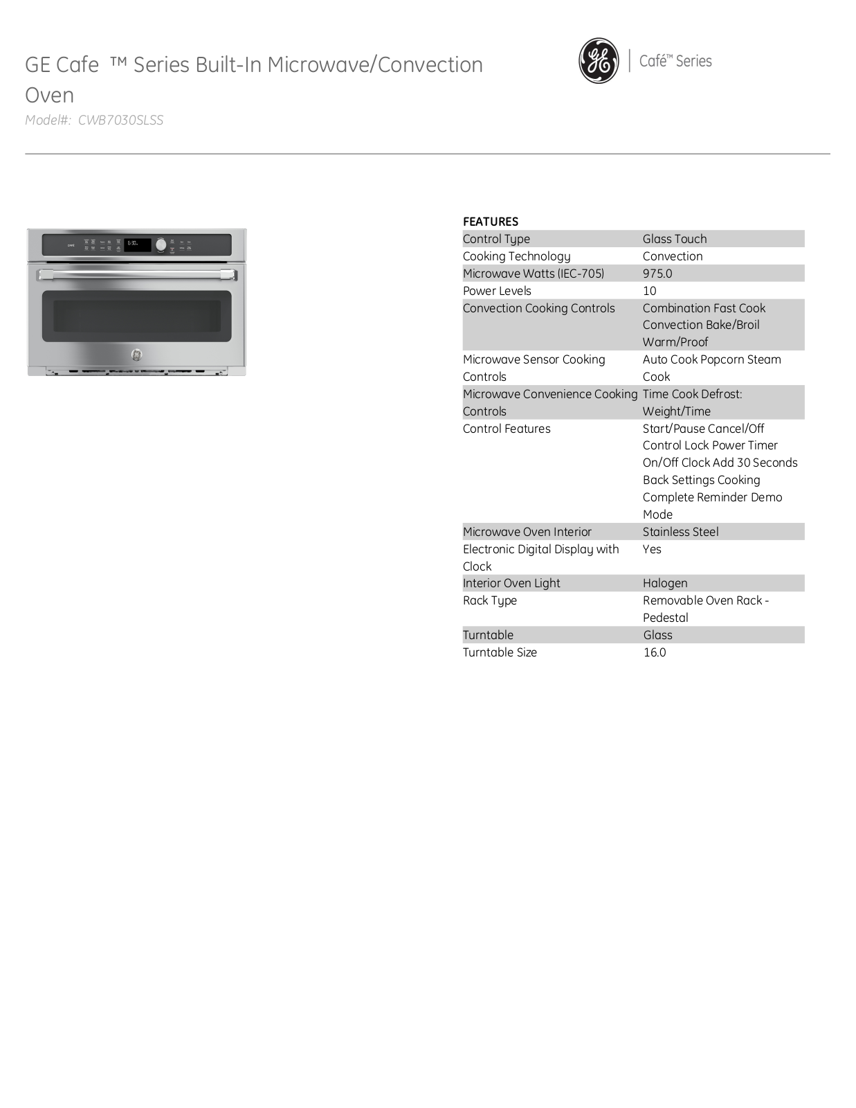 Cafe CWB7030SLSS Specifications