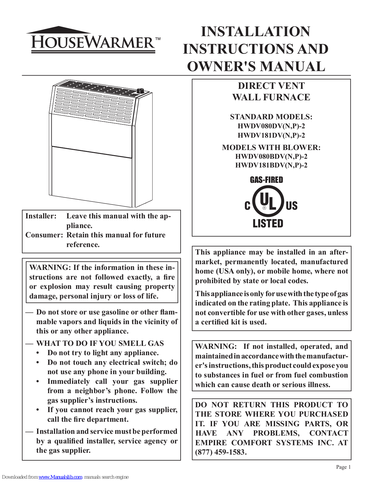 HouseWarmer HWDV080DVN-2, HWDV080DVP-2, HWDV181DVN-2, HWDV181DVP-2, HWDV080BDVN-2 Installation Instructions And Owner's Manual