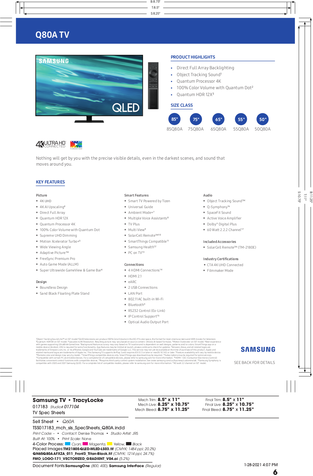 Samsung QN85Q80A, QN75Q80A, QN65Q80A, QN55Q80A, QN50Q80A Specification Sheet