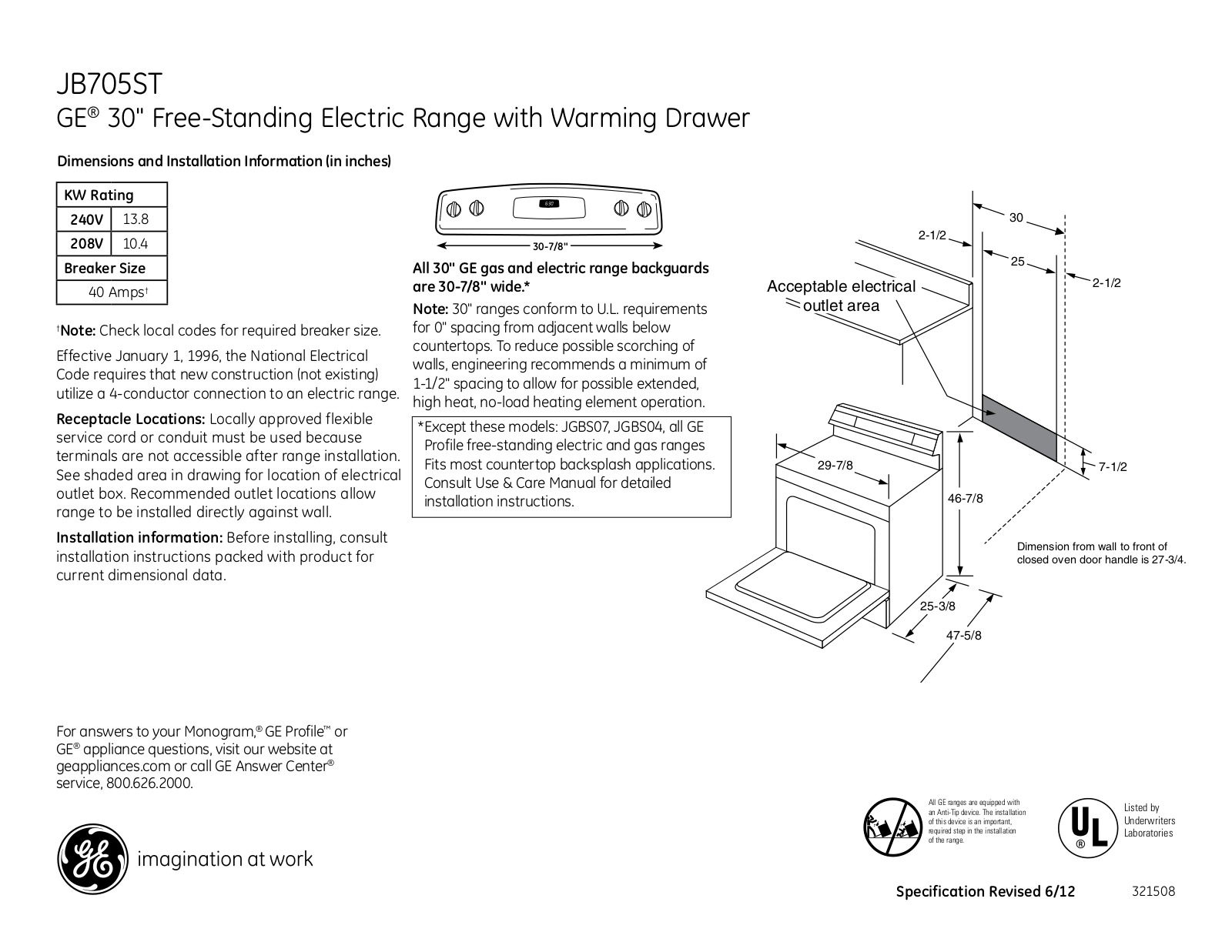 GE JB705ST Specification