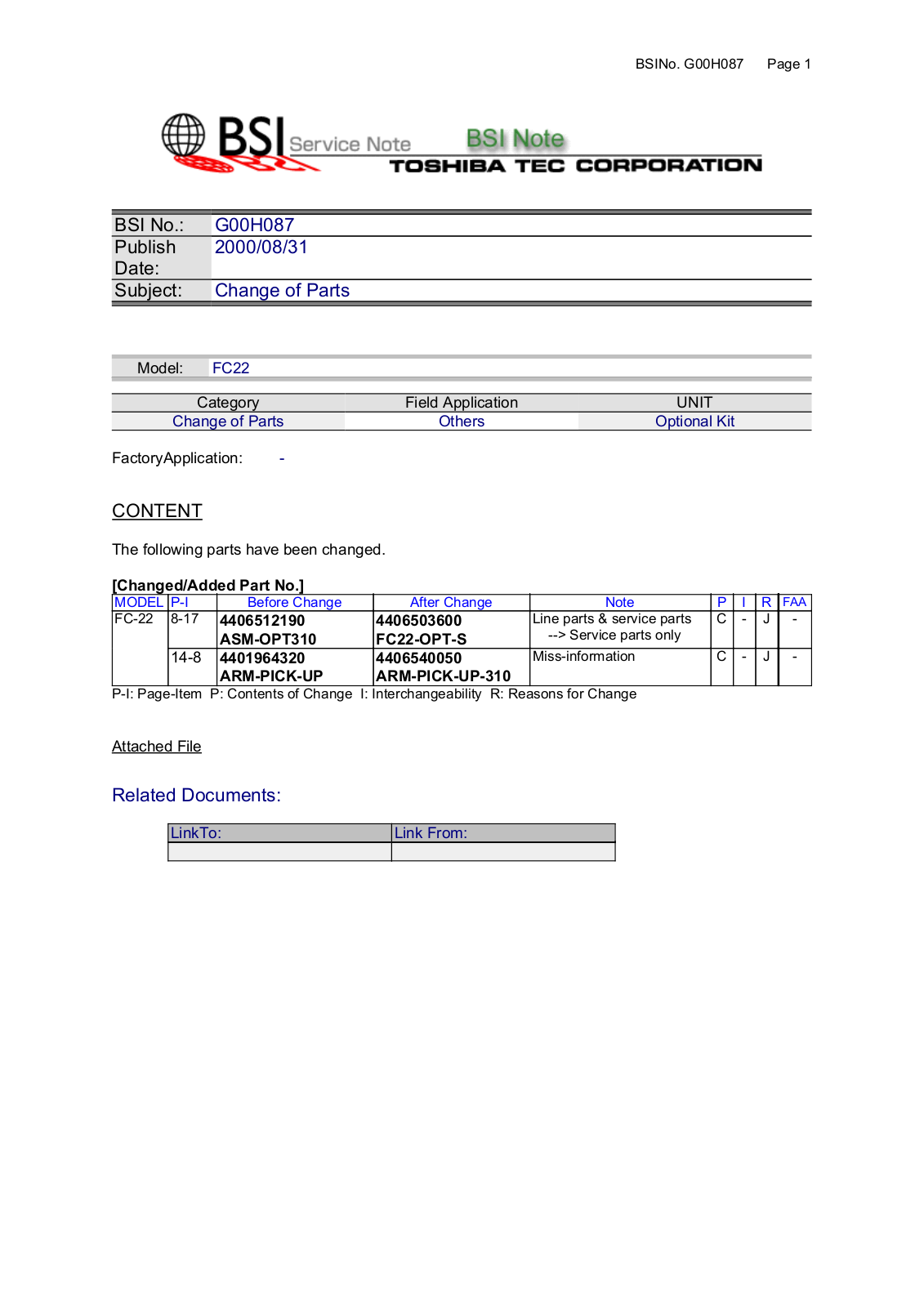 Toshiba G00H087 Service Note