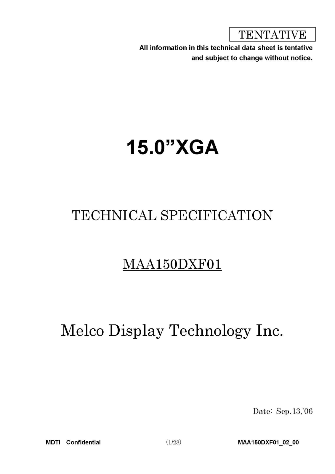 Mitsubishi MAA150DXF01 Specification