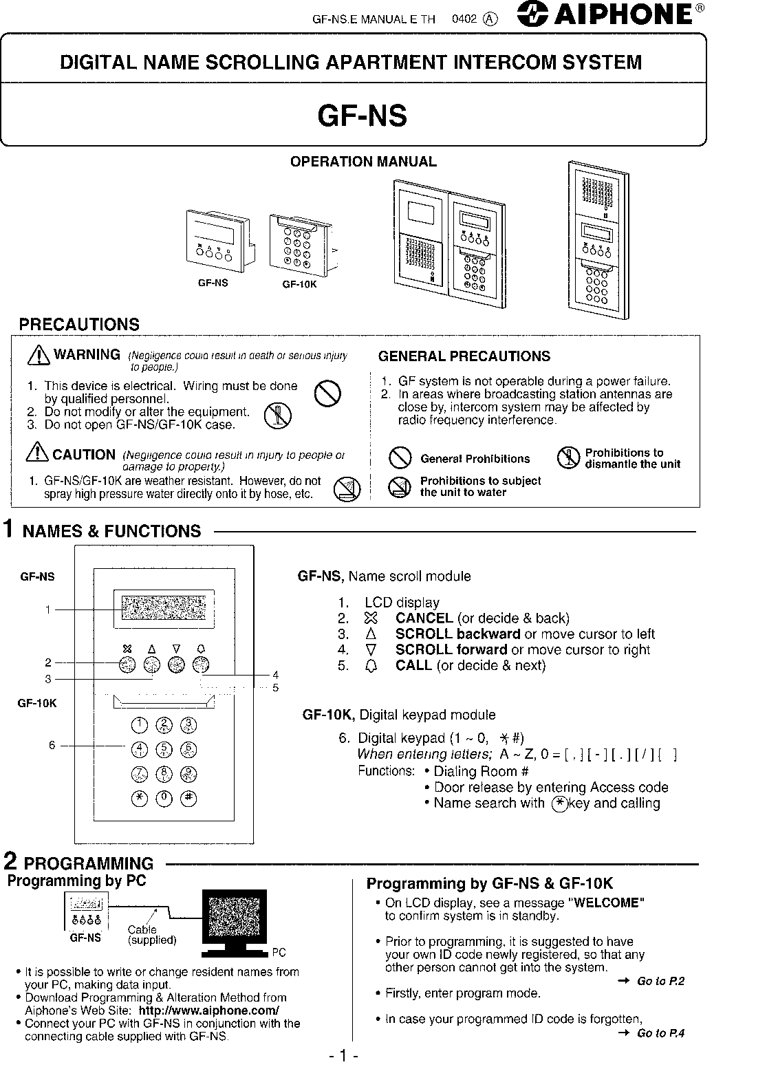 Aiphone GF-10K User Manual