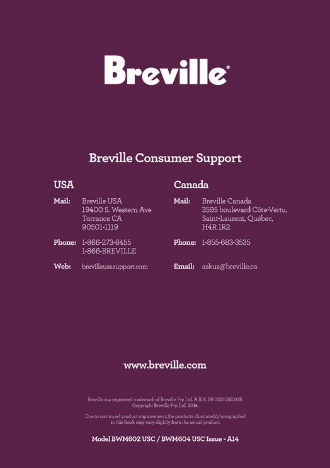 Breville BWM602BSS, BWM604BSS Instruction Handbook