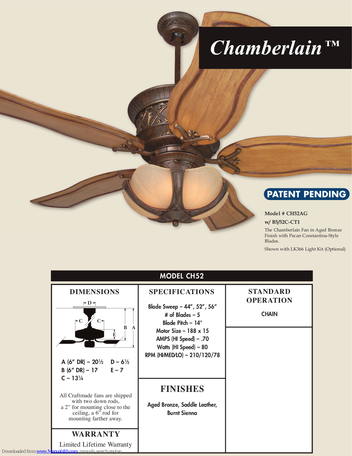 Craftmade CH52, Chamberlain CH52AG Specifications - ManualMachine.com