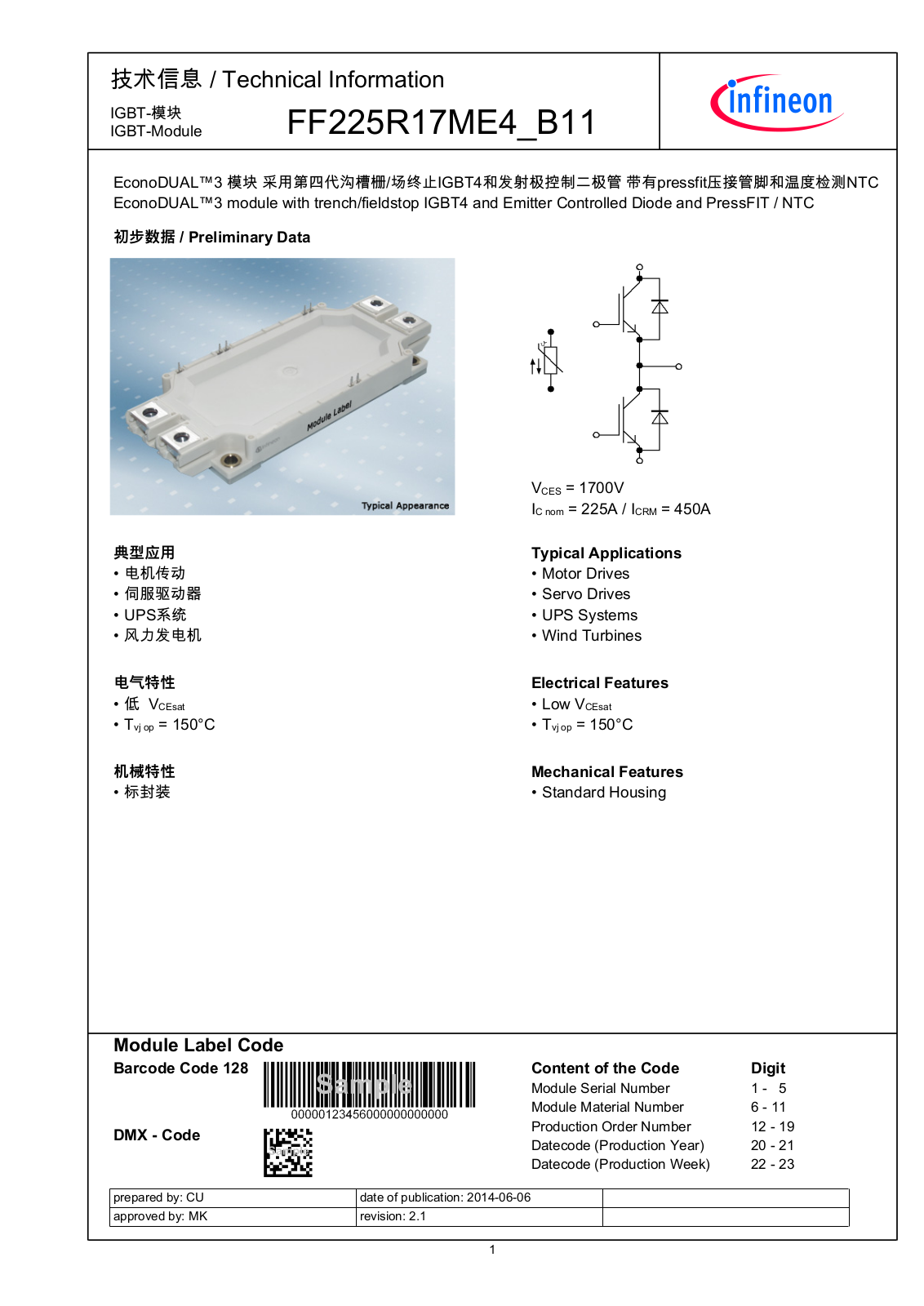 Infineon FF225R17ME4-B11 Data Sheet