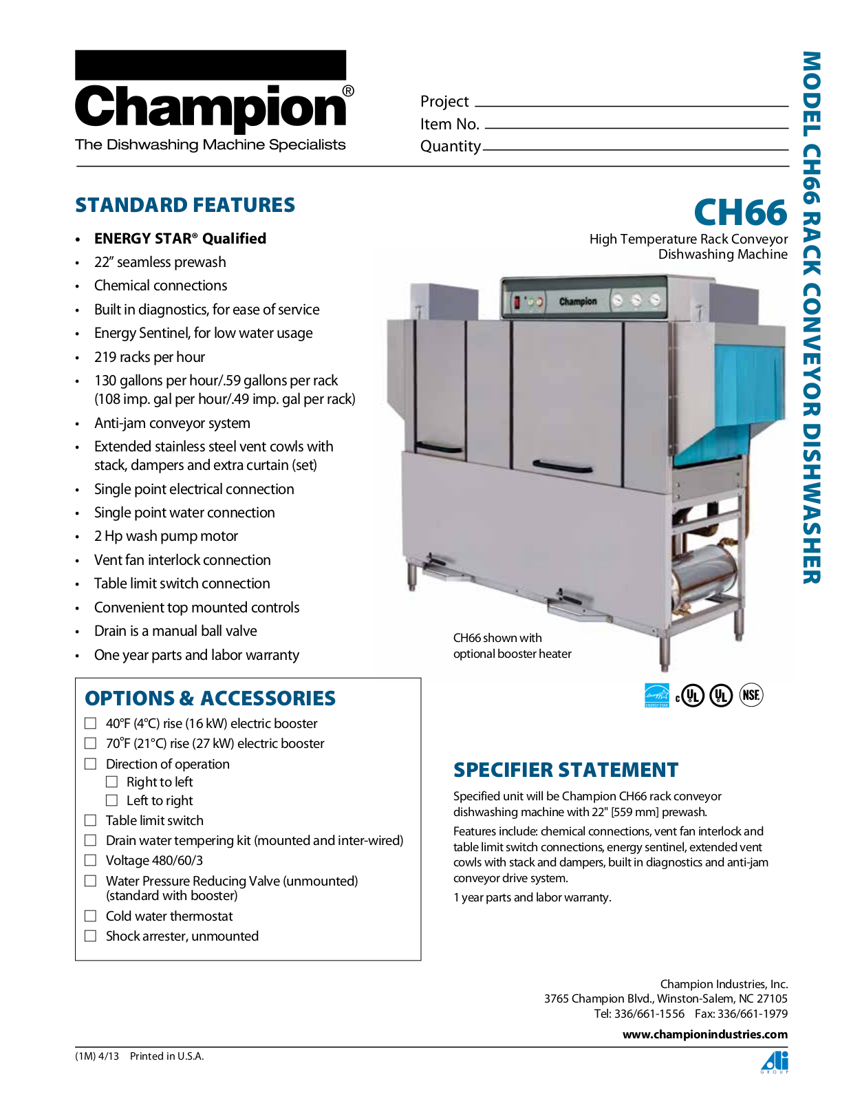 Champion Industries CH66 Specification Sheet