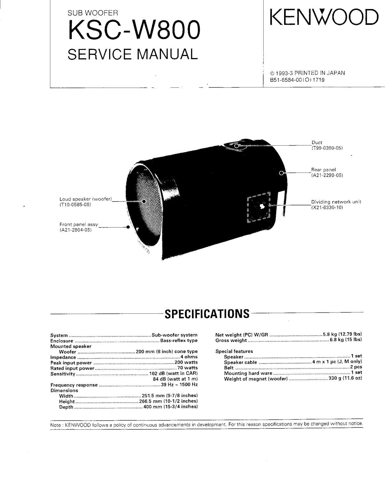 Kenwood KSC-W800 Owner's Manual