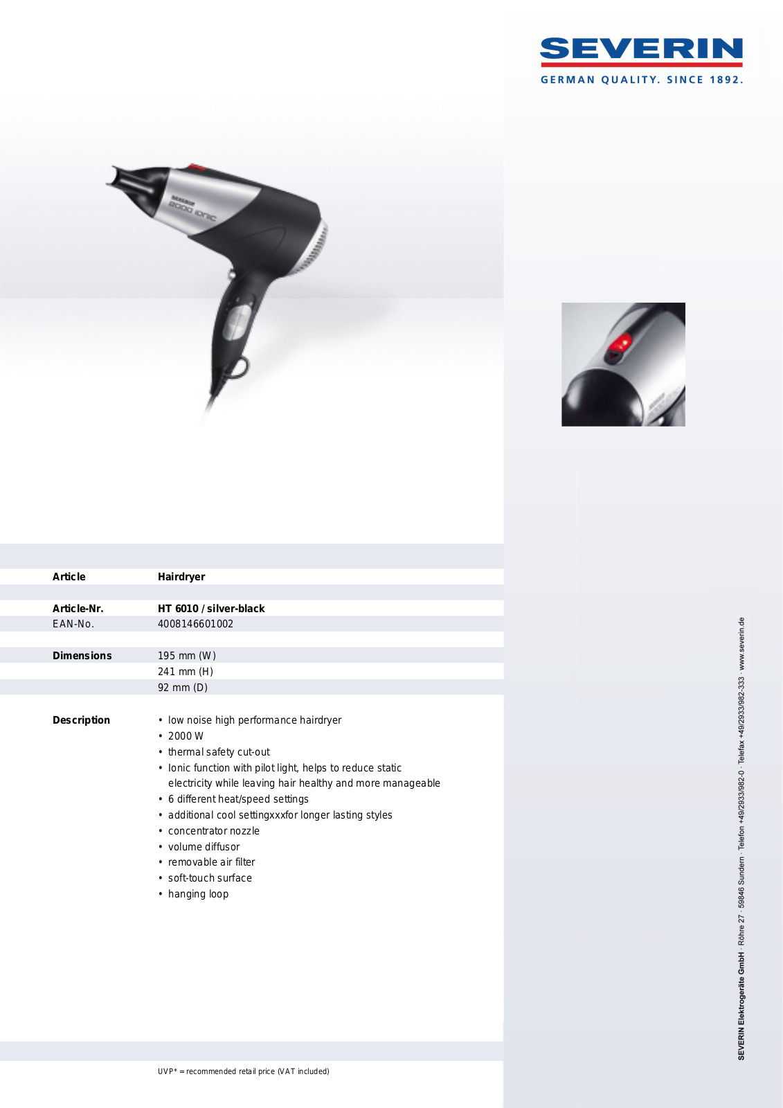 Severin HT 6010, HAIRDRYER User Manual