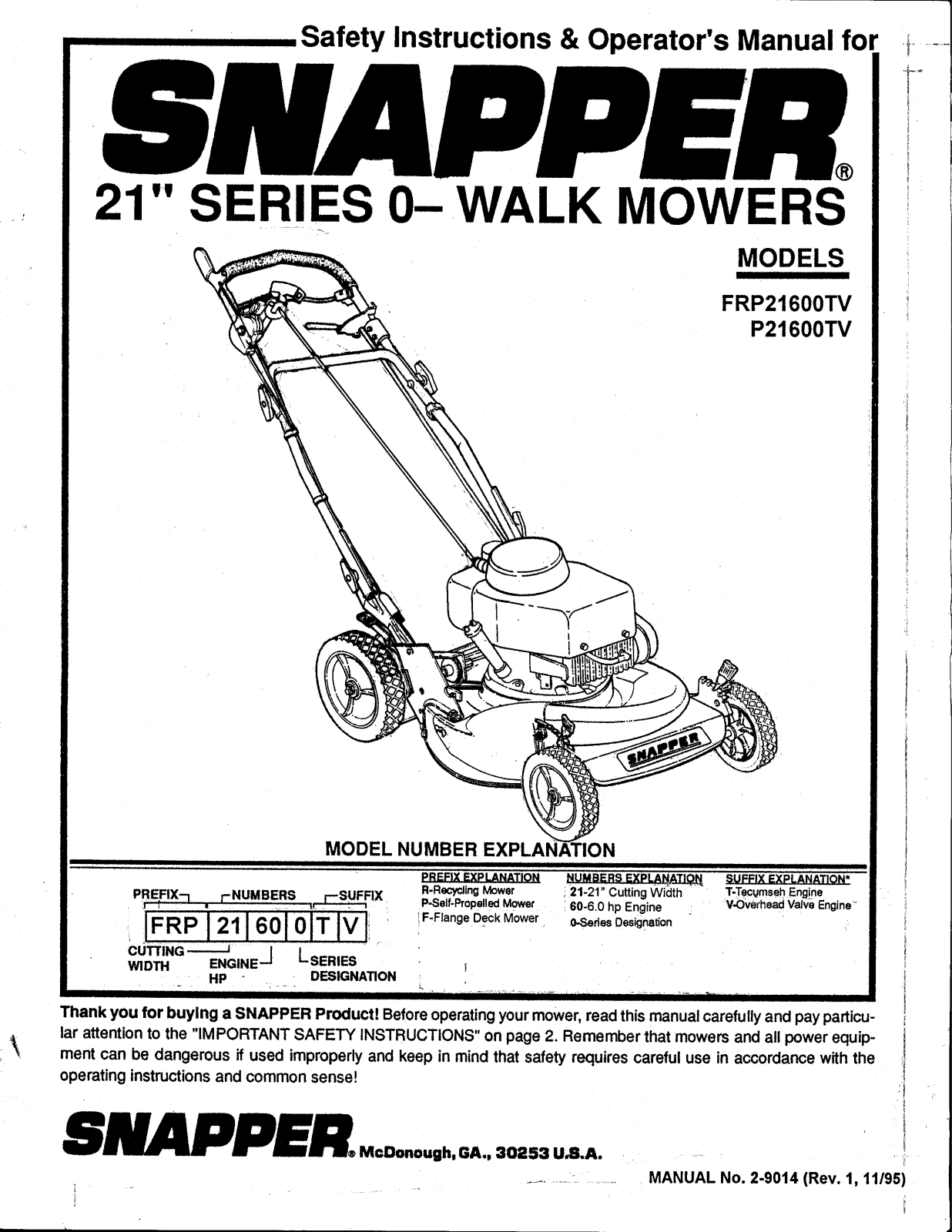 Snapper P21600TV User Manual