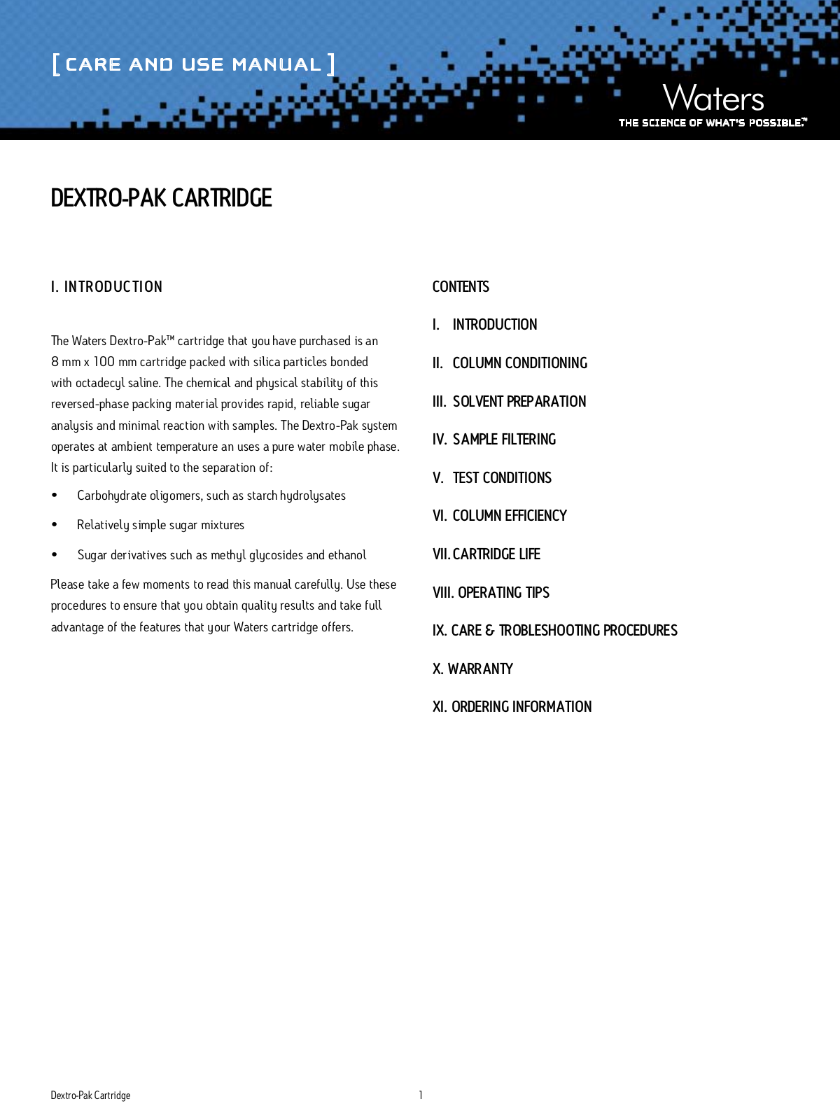 Waters Dextro-Pak Cartridge User Manual