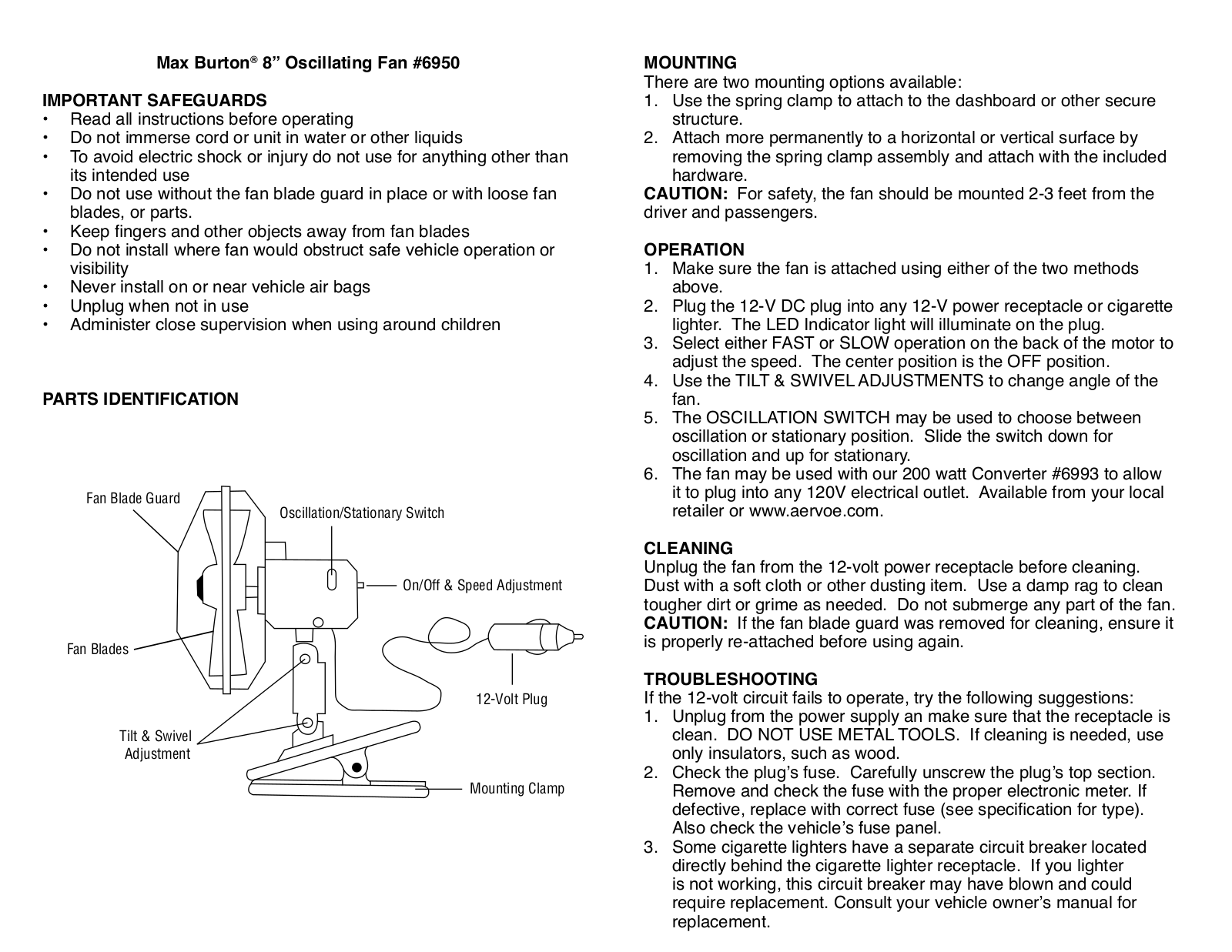 Aervoe 8-inch Oscillating Fan User Manual