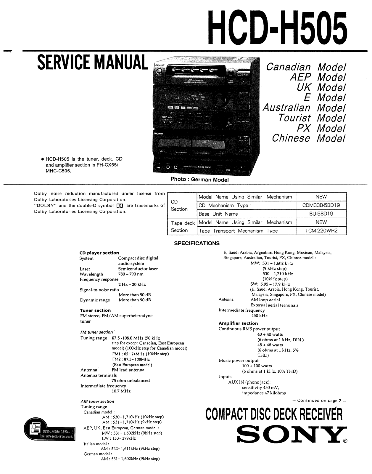 Sony HCD H505 Service Manual