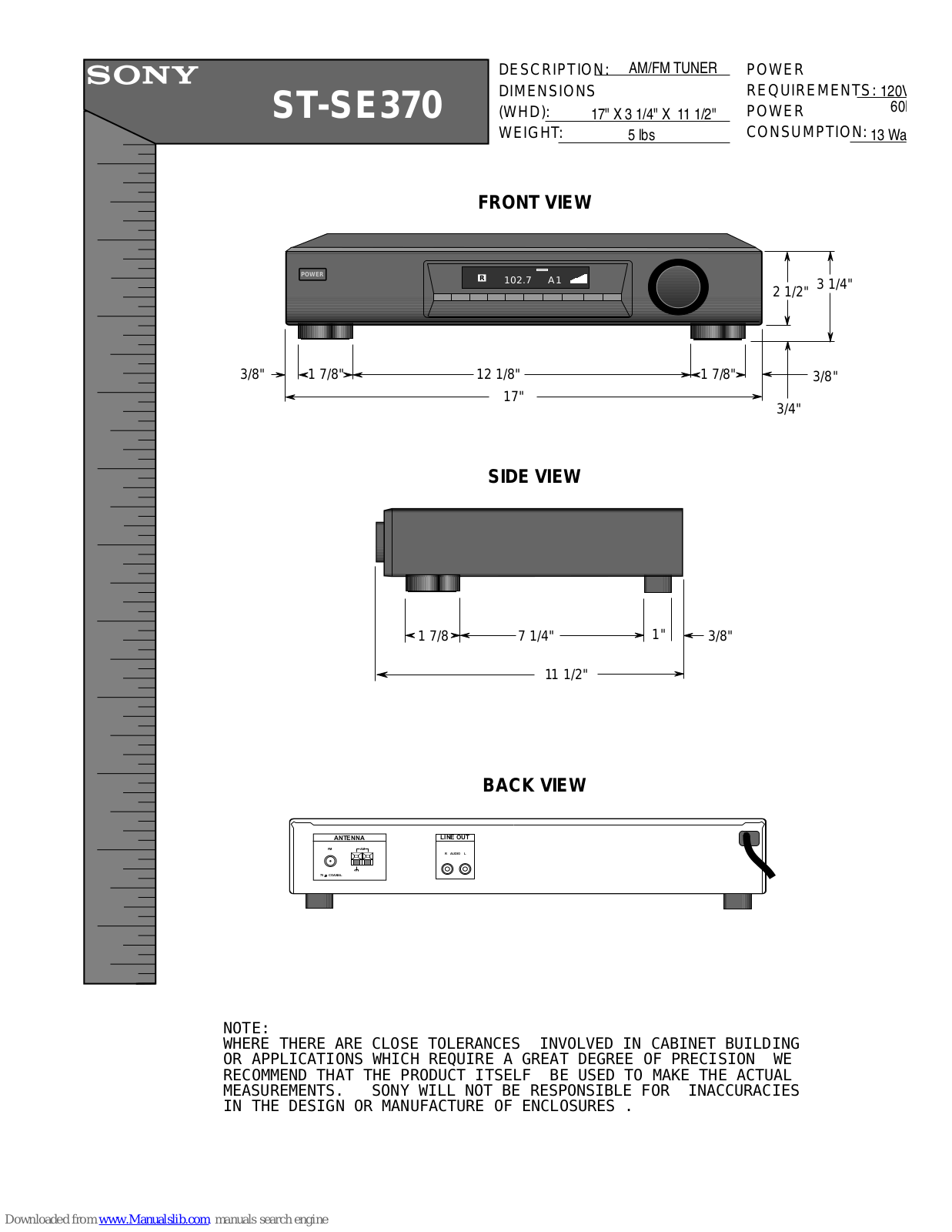 Sony ST-SE370 - Tuner Dimensions