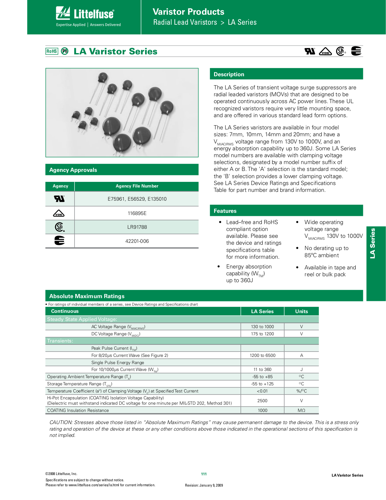 Harris LA Varistor Series Catalog Page