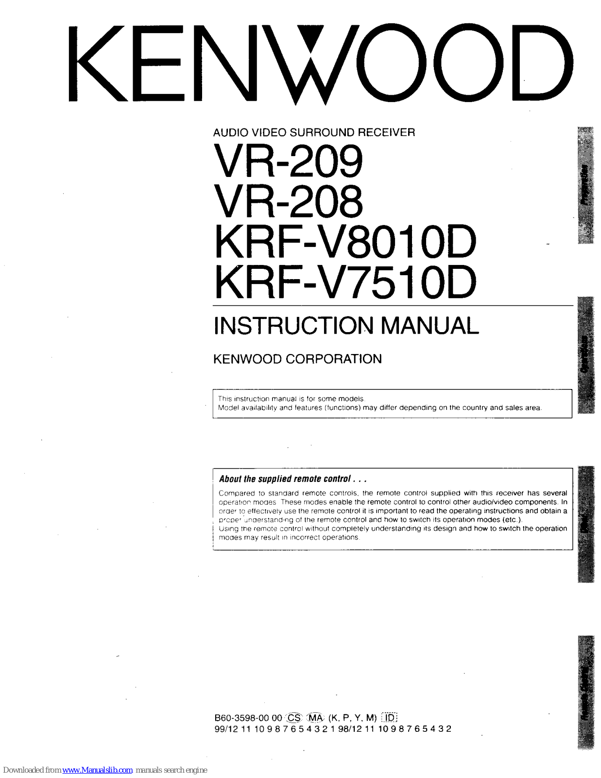 Kenwood VR-208, KRF-V8010D INSTRUCTIONS Manual