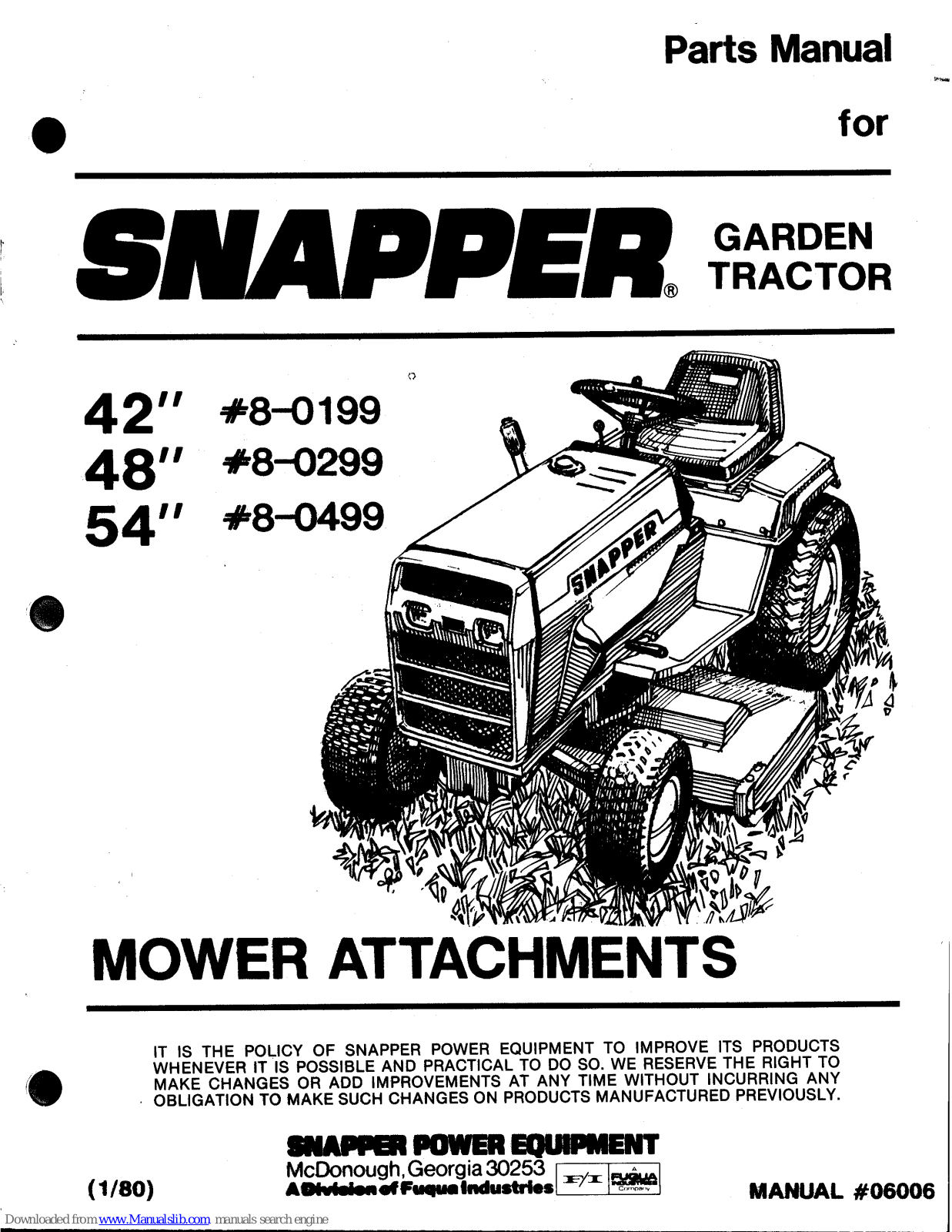 Snapper 8-0199, 8-0299, 8-0499 Parts Manual