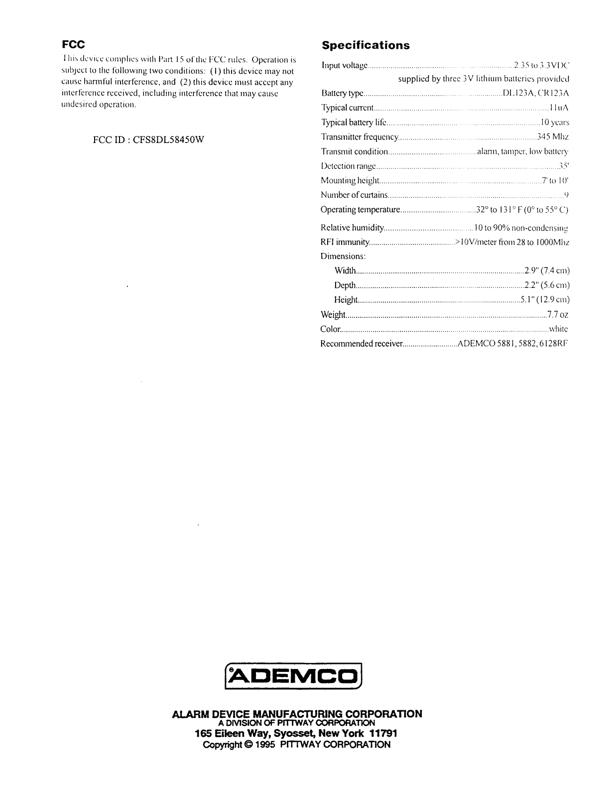 Ademco 8DL58450W II WITH FCC LABEL