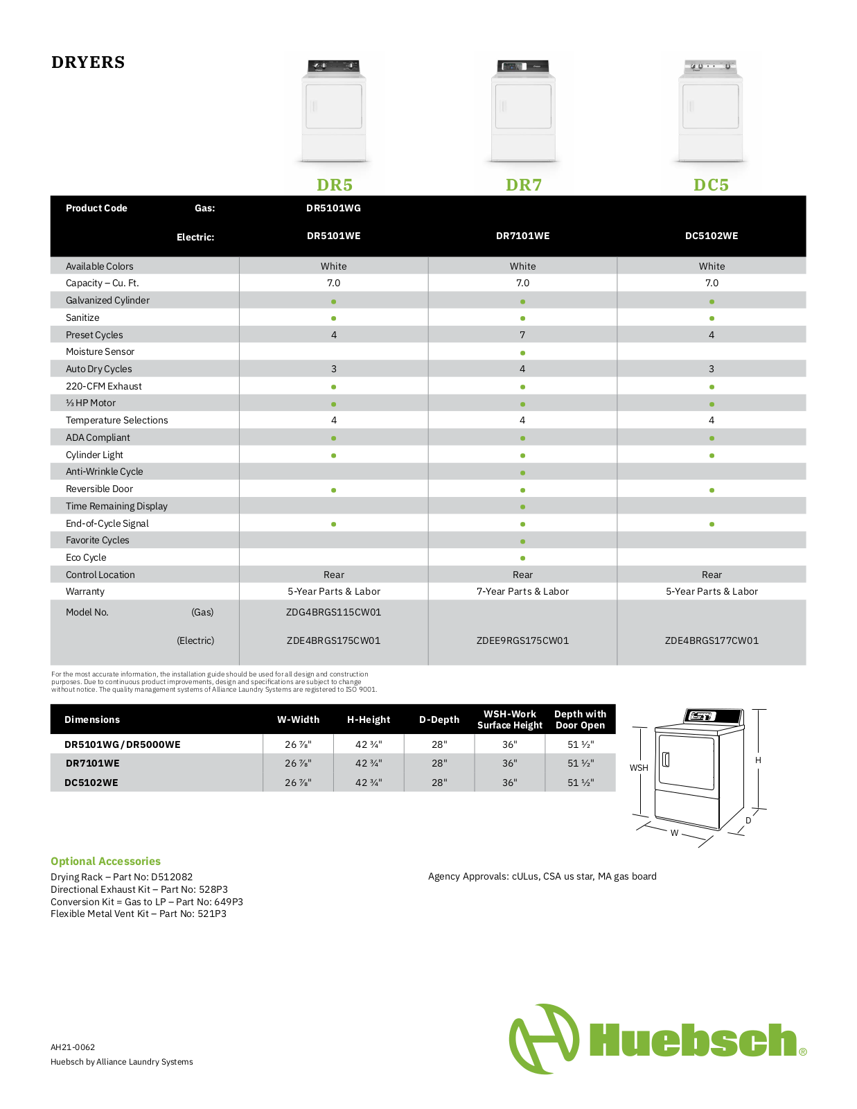 Huebsch DR5101WG, DR5101WE, DR7101WE, DC5102WE PRODUCT SPECIFICATIONS