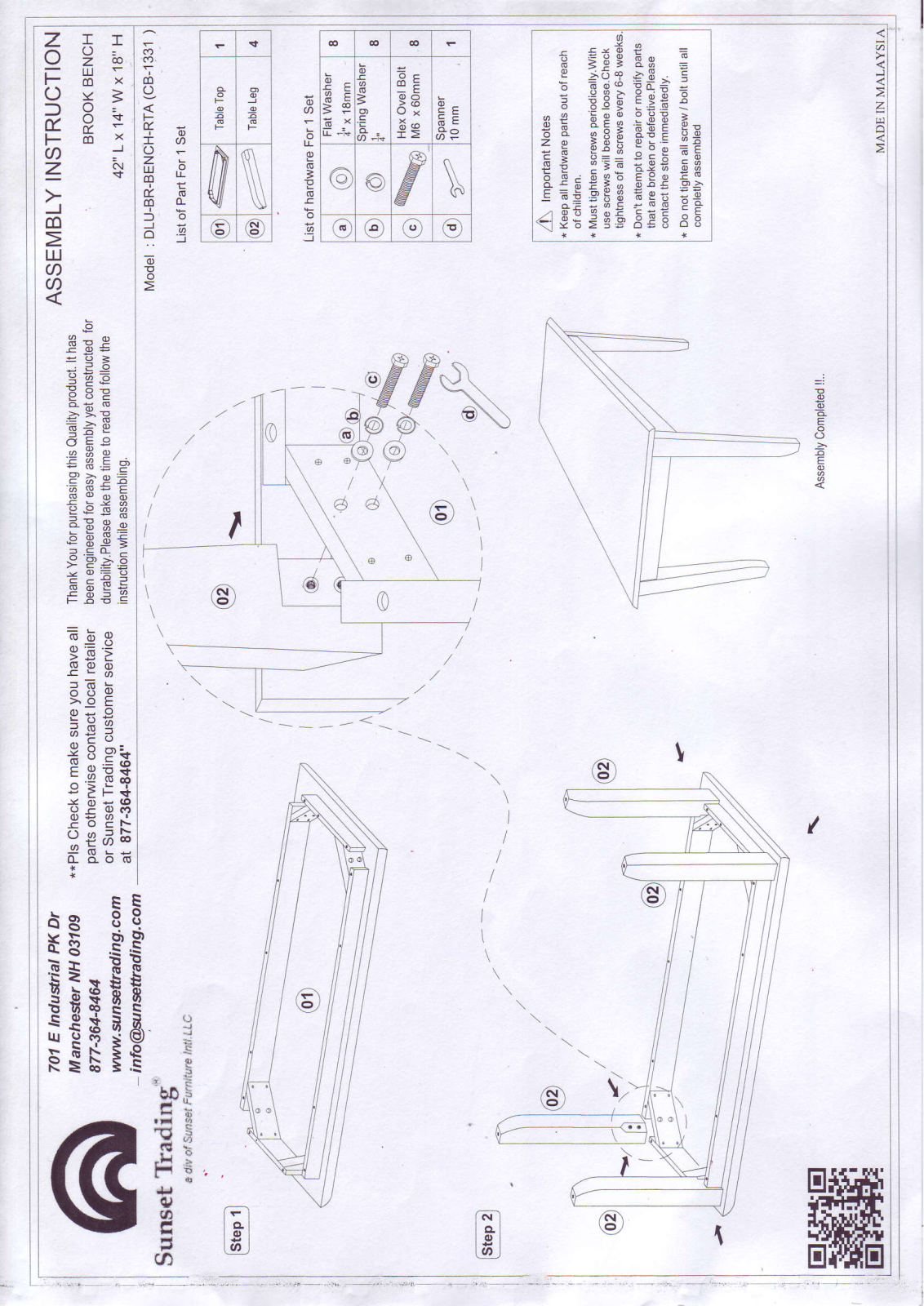 Sunset Trading DLUBRBENCHPWRTA Assembly Guide