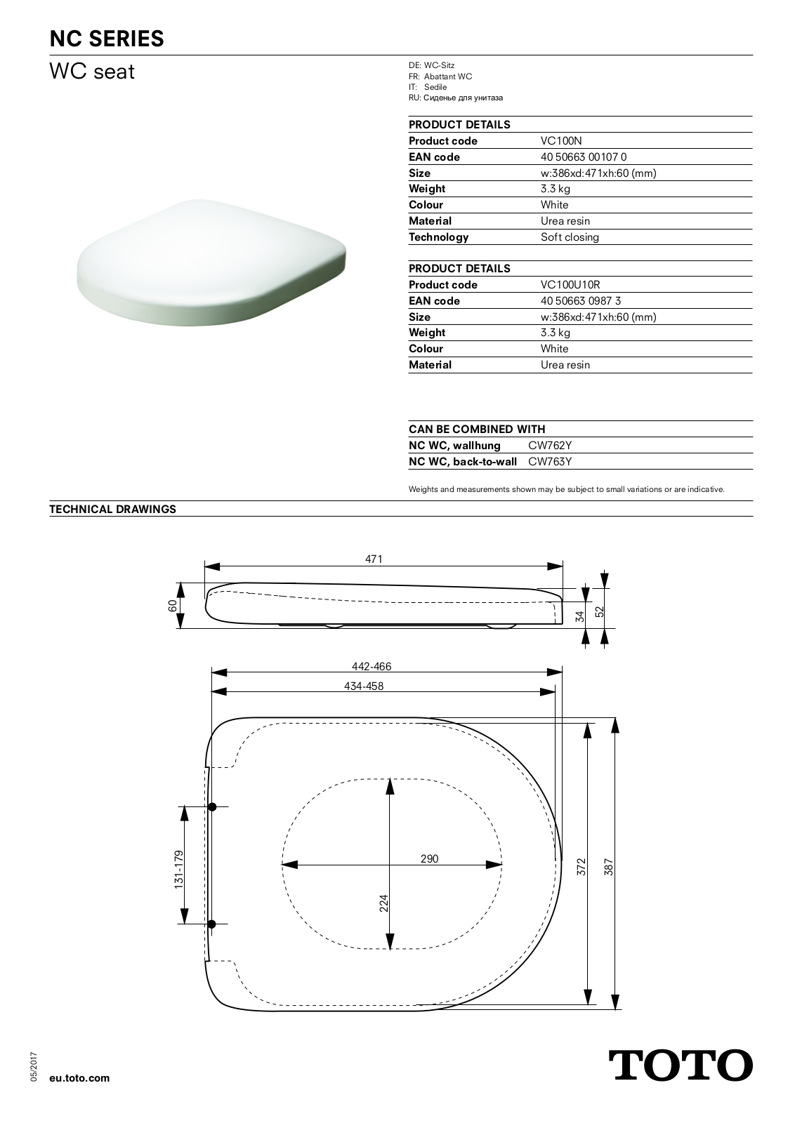 TOTO VC100N Datasheet