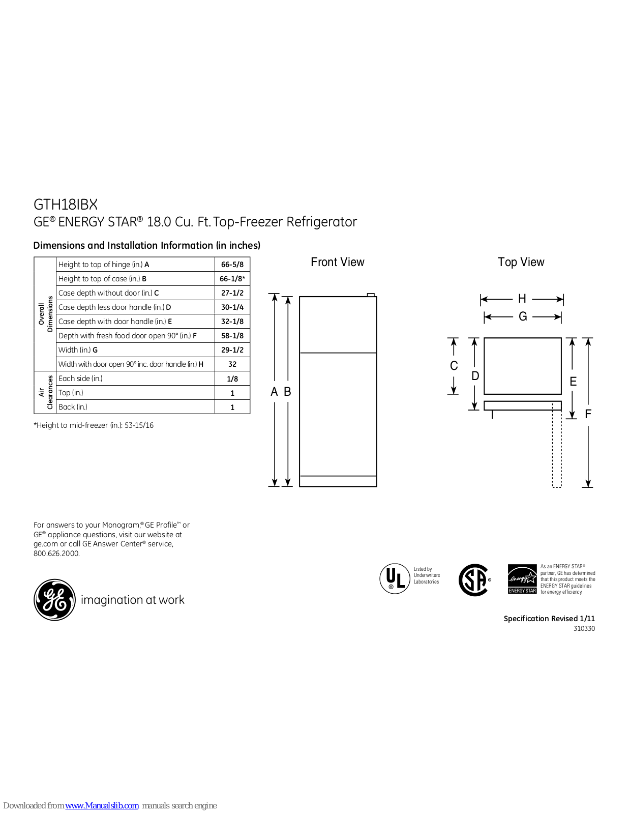 GE GTH18IBXWW - R 18.0 Cu. Ft. Top-Freezer Refrigerator, ENERGY STAR GTH18IBX Dimensions And Installation Information