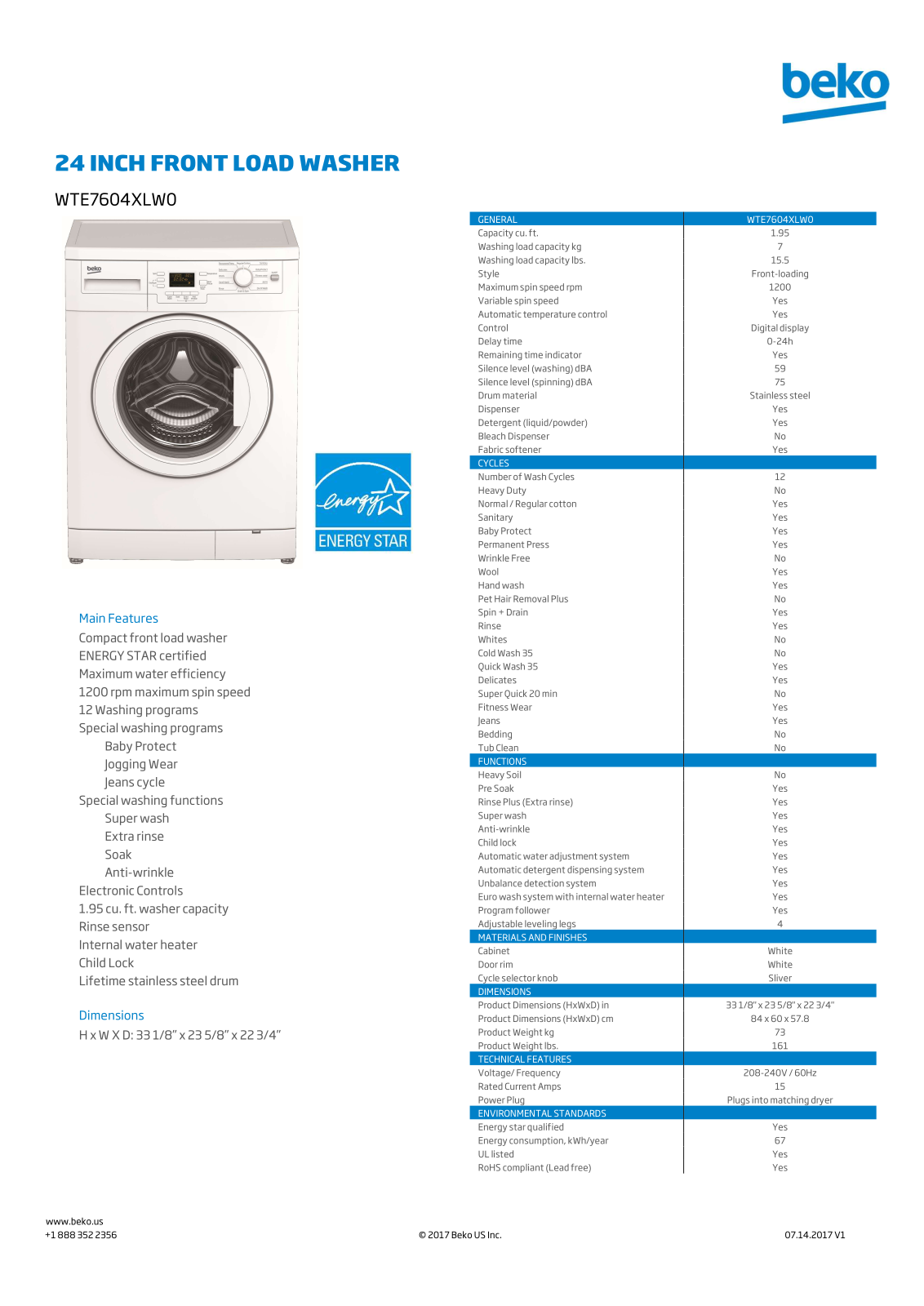 Beko WTE7604XLW0 Specification