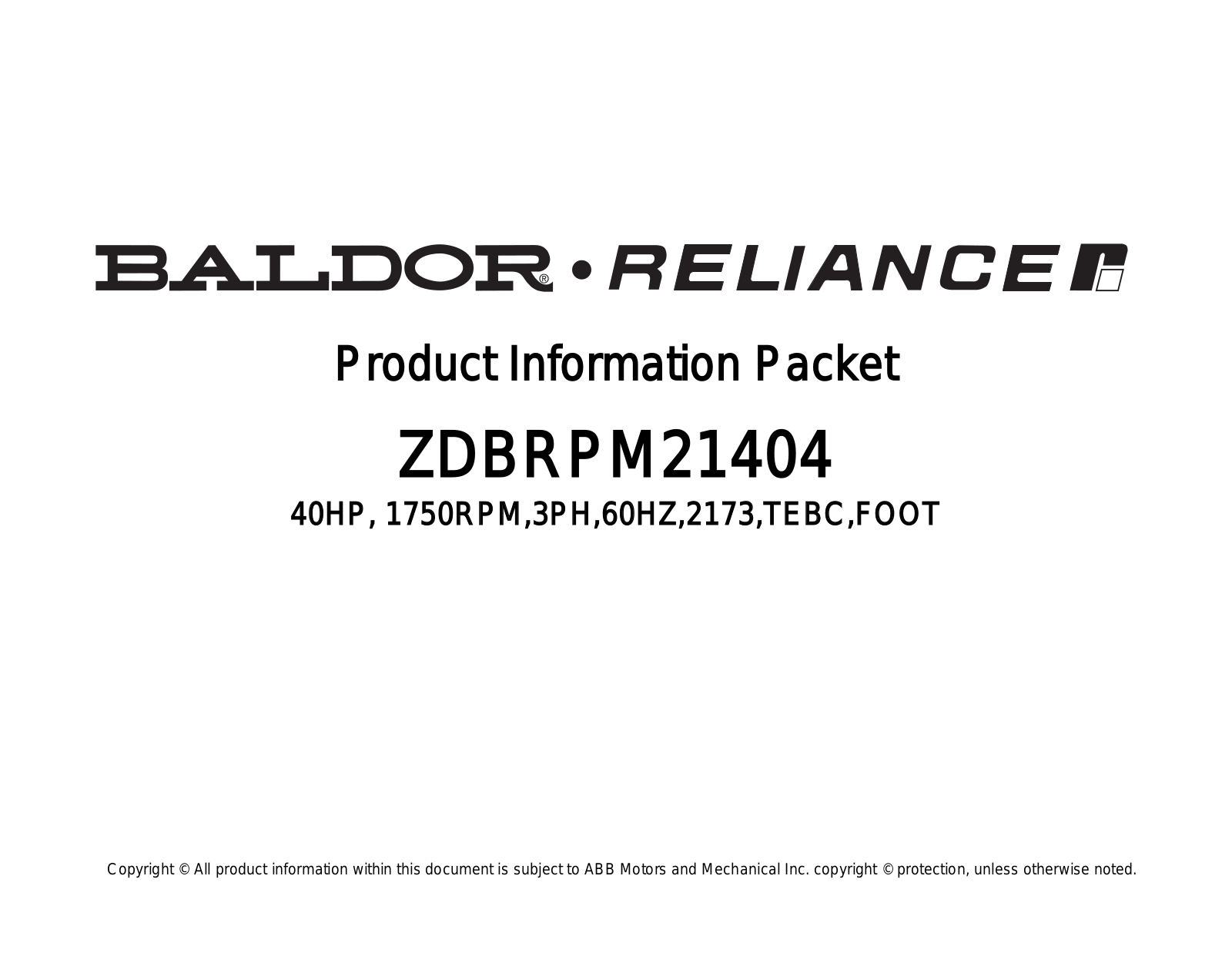 Baldor ZDBRPM21404 Product Information Sheet