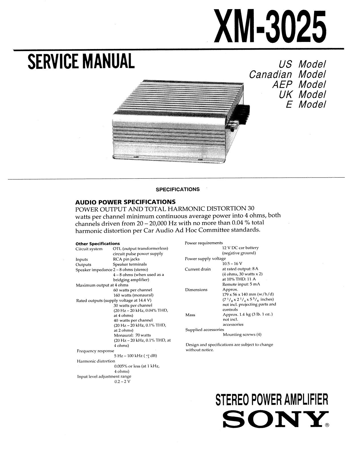 Sony XM-3025 Service Manual