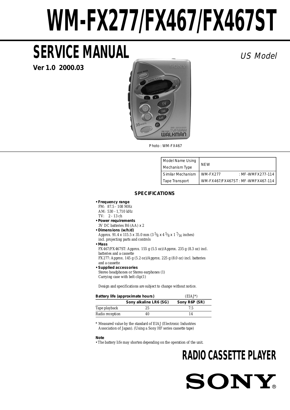 Sony WM-FX277, WM-FX467, WM-FX467ST Service manual
