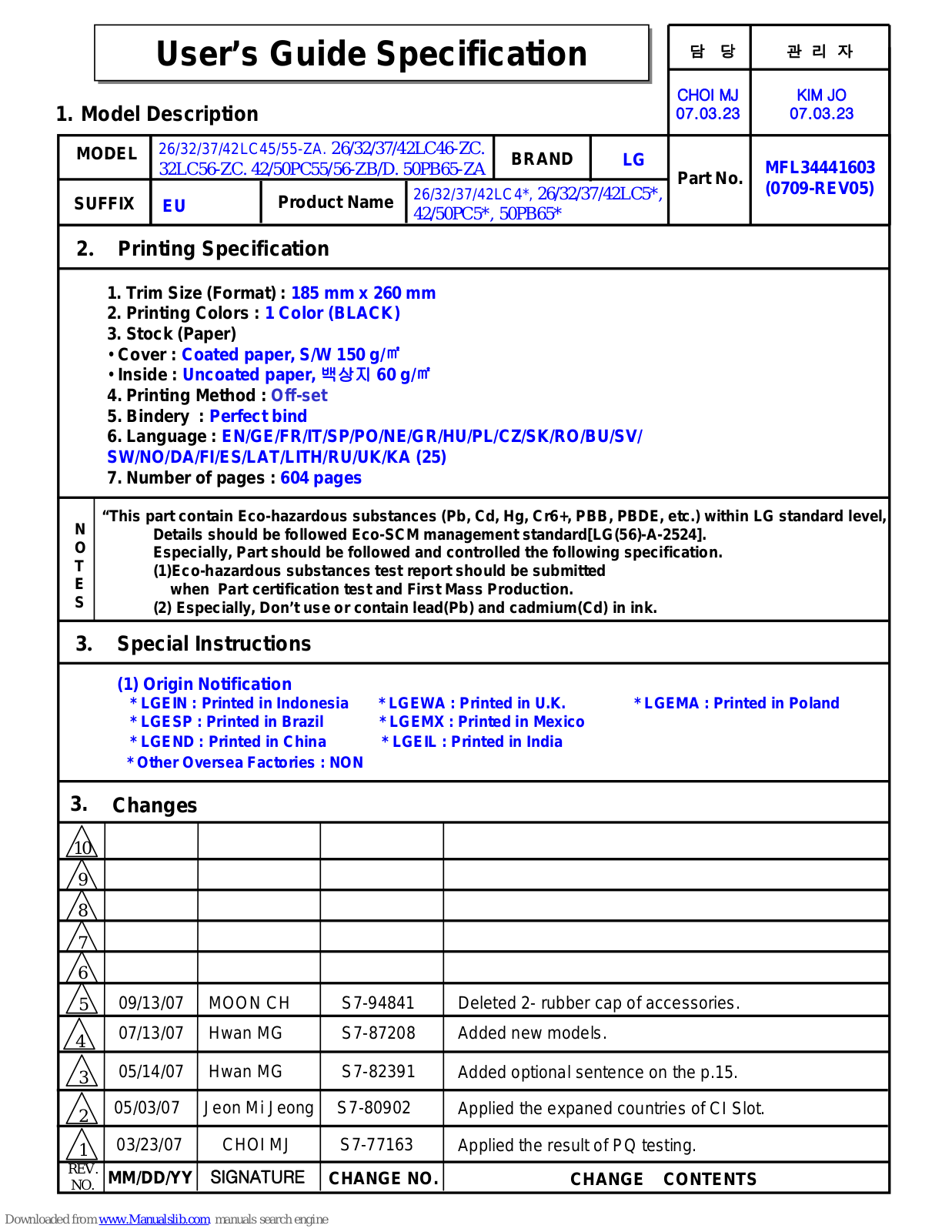 LG 32LC5 Series, 26LC4 Series, 37LC4 Series, 37LC5 Series, 42LC4 Series Owner's Manual